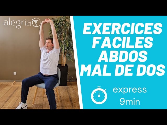ABDOS Debout + chaise / séance facile et rapide 9min CHRONO /exercices étirements anti mal de dos