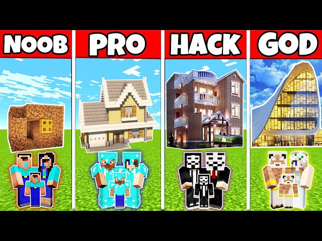 Minecraft: FAMILY EXCELLENT MODERN MANSION BUILD CHALLENGE - NOOB vs PRO vs HACKER vs GOD / HOUSE