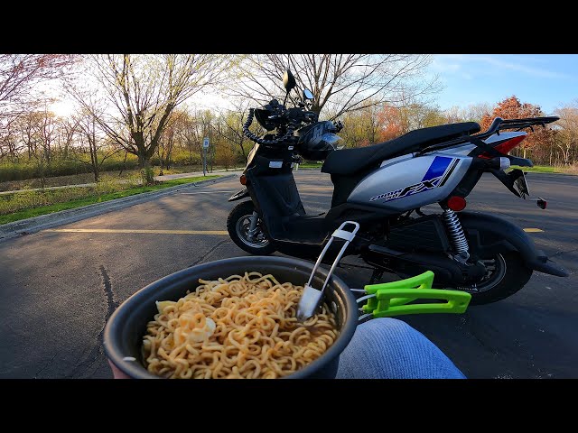Cooking Ramen Noodles with a 50cc Scooter: A Camping Hack for Delicious Meals on the Go.