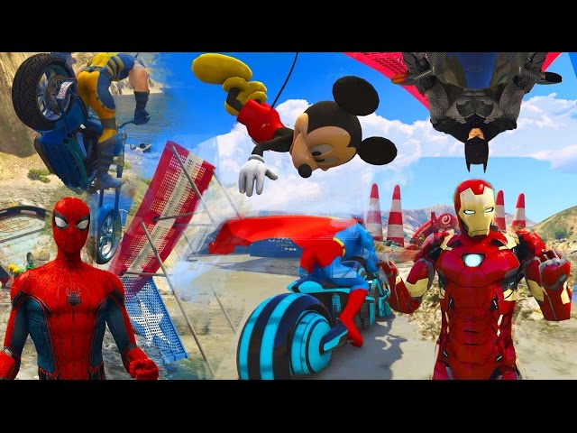 SUPERHEROES Water Jumping Challenge On Motorbikes w Spiderman, Hulk, Iron Man