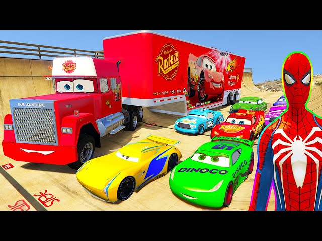 SPIDERMAN McQueen and Friends Long JUMP Challenge ! SUPERHERO HULK Mack Truck Disney Castle  - GTA V