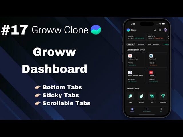 Chapter 17  Groww Dashboard | Sticky Tabs | Bottom Tabs | React Native  | Groww Full Clone Series
