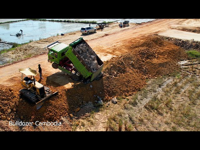 Incredible Dump Truck Fly Back Unloading Stuck Deep Heavy Recovery By Two Dozer Komatsu Extremely