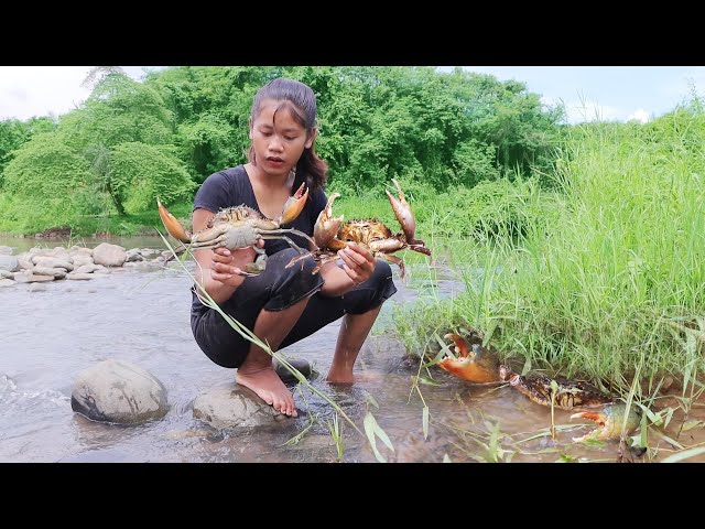 Found catch big crab in river for food - Grilled crab and fish Eating delicious with dog