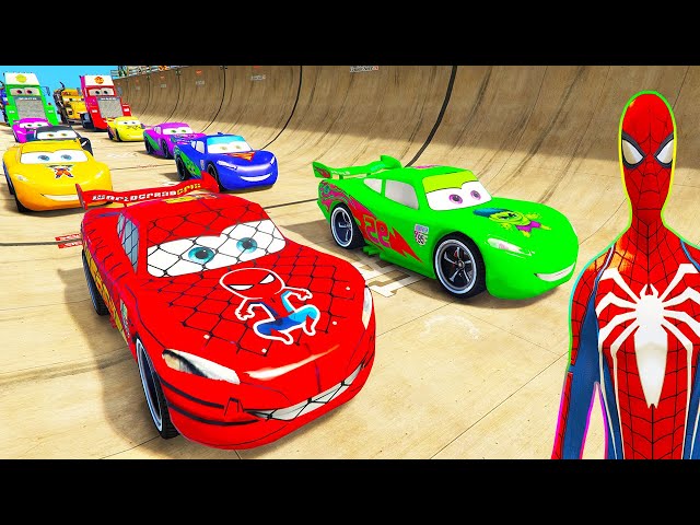 SPIDERMAN McQueen and Friends MEGA RAMP Challenge ! SUPERHEROES HULK Disney Cars MACK TRUCK  - GTA V