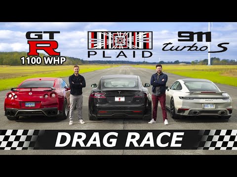 Tesla Model S Plaid vs 911 Turbo S vs 1100 WHP Nissan GTR // DRAG & ROLL RACE