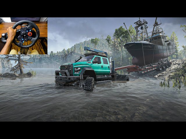 Towing a Massive Boat | Ford f-750 Super Duty | SnowRunner | Logitech g29 gameplay