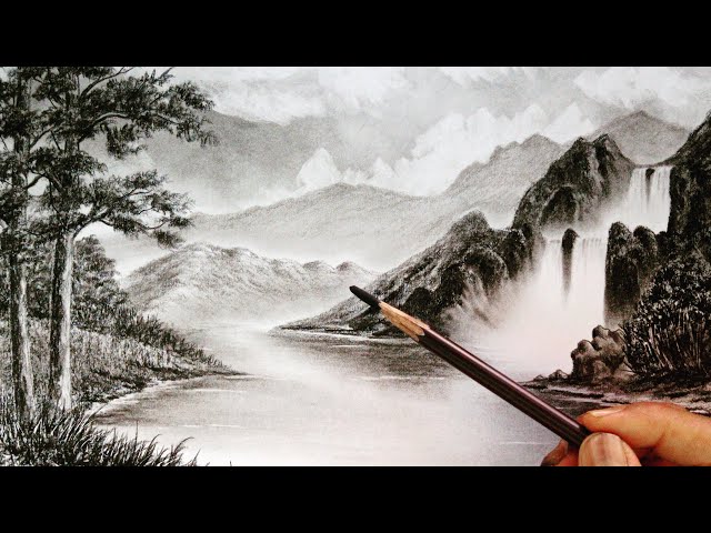 Waterfall mountain landscape scenery easy pencil drawing //