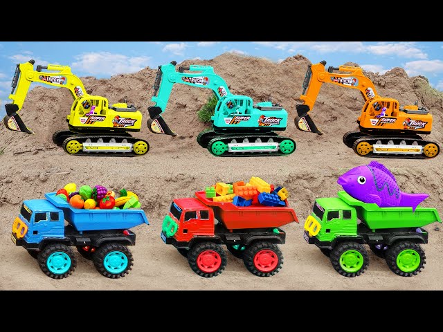 Cranes rescue dump trucks, excavators, trucks, road rollers to build traffic roads - Children's toy