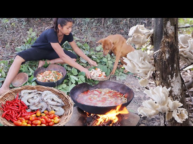 Survival cooking in forest - Yummy shrimp soup delicious with mushroom
