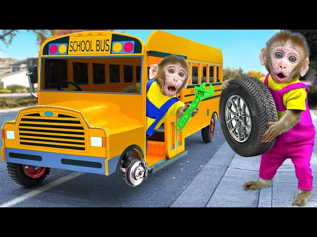 KiKi Monkey pretends to be a fake Car Mechanic fix School Bus Wheel on the road | KUDO ANIMAL KIKI