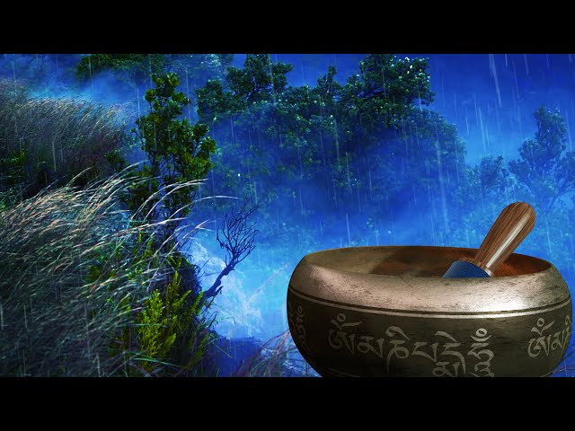 Rain Music for Sleep 💤 Tibetan Singing Bowls with Thunderstorm White Noise