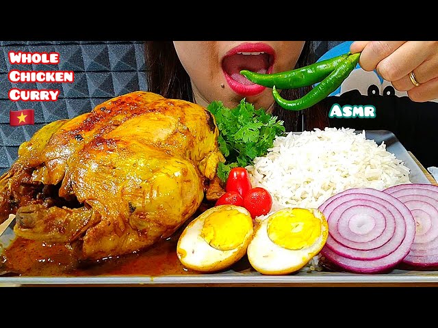 ASMR EATING WHOLE CHICKEN CURRY + RICE + EGG + ONION + HOT PEPPER 먹방 Real Sounds