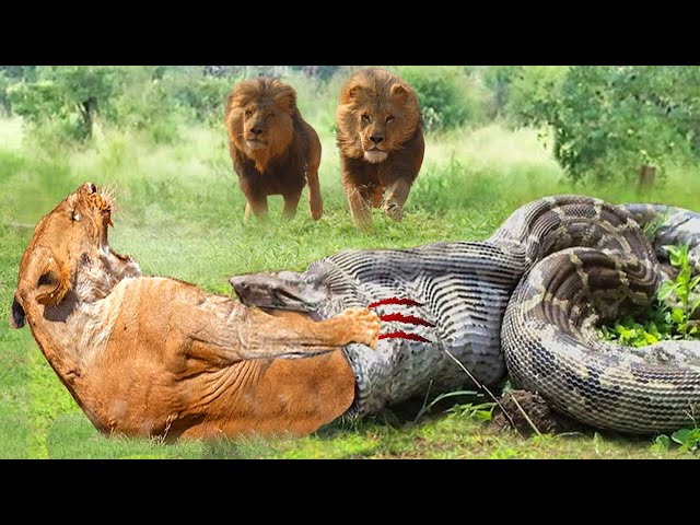 Terrible! Painful Lion Try To Scratch And Struggle But Could Not Escape Giant Python - Snake Vs Lion