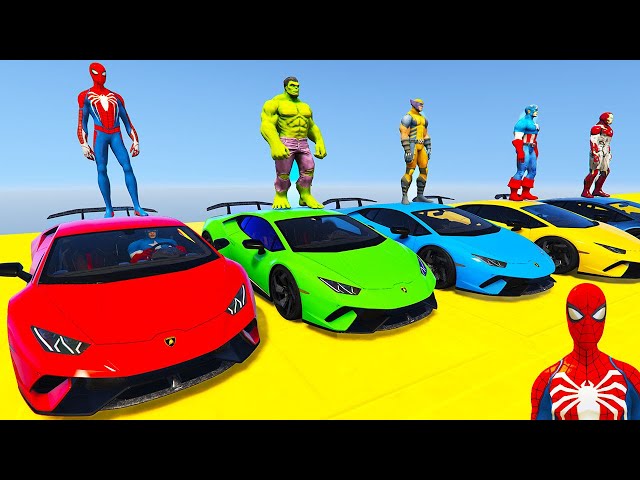 SPIDERMAN CARS Racing Challenge on LAKE Rampa ! SUPERHERO HULK Iron Man Goku JET SKI Race - GTA 5