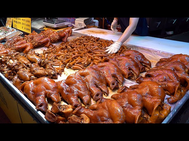 Pig tails are free! Amazing Braised Pig's Trotters (Jokbal), Head & Tail - Korean street food