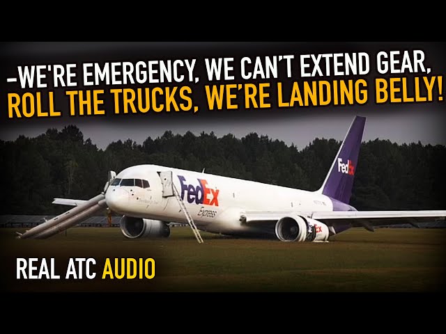 FedEX Boeing 757 GEAR UP LANDING After Hydraulic failure. REAL ATC