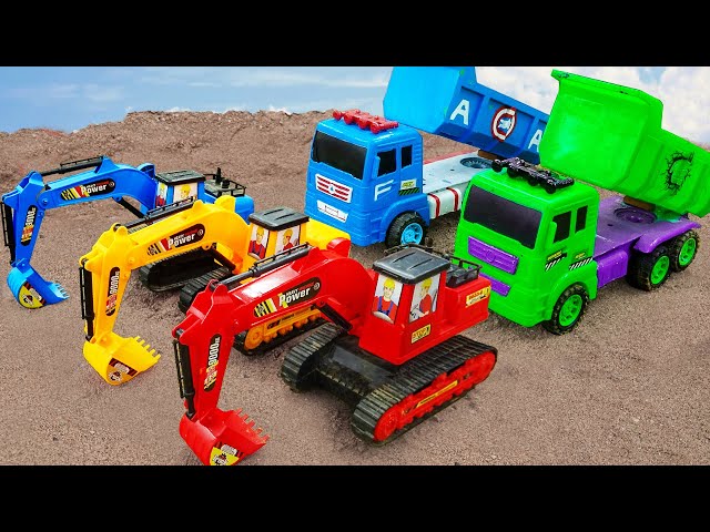 Car toy, Excavator, dump truck, mixer truck funny with dinosaurs - Construction vehicles for kids