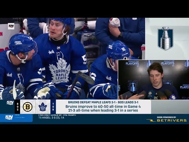 Mitch Marner on the Maple Leafs showing frustration on the bench during Game 4 / 27.04.2024