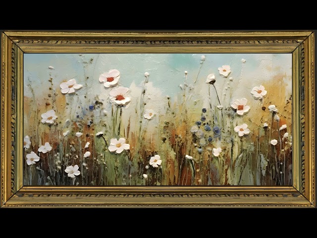 Art Screensaver for TV - Framed White Flowers, Impasto Oil Painting
