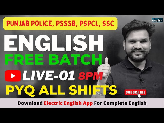 Live-1🔴 English PYQ Practice Mocks For PSSSB/ Punjab Police/ PSPCL/SSC 2024 || Electric English
