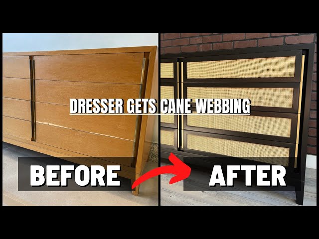 How to add cane webbing to dresser drawers EXTREME mid century FURNITURE FLIP || Trash To Treasure