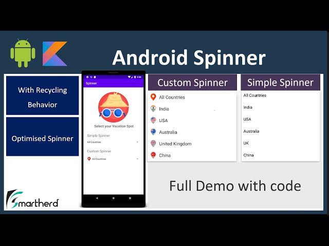 Android Custom Spinner with Recycling Behavior and Optimization. Full Demo with Kotlin code.