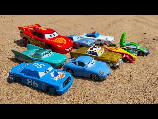 Looking for Disney Pixar Cars On the Rocky Road: Lightning Mcqueen, Chick Hicks, Dinoco, Sally,Guido