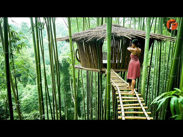 Girl Builds Shelter on Top of Bamboo | Start to Finish Build by @WildGirl-hh4fd