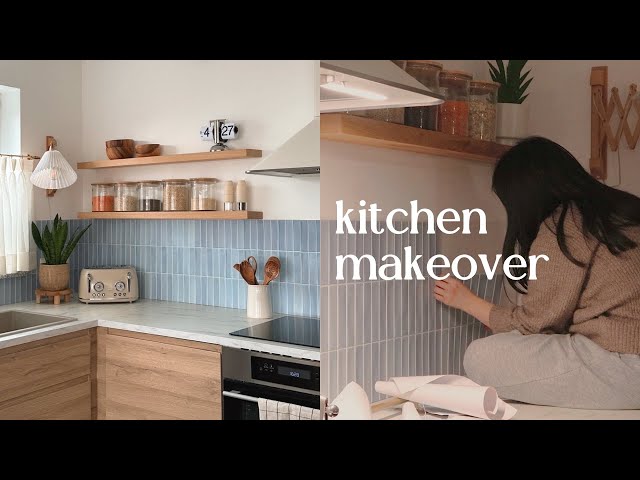 Kitchen Makeover | how to add peel n stick tiles to bare walls & hang floating shelves