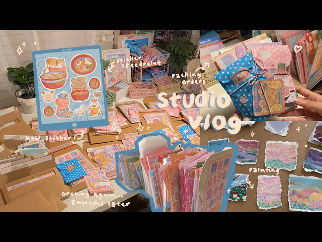 opening my sticker shop again!! making stickers, packing orders, & gouache paintings // studio vlog